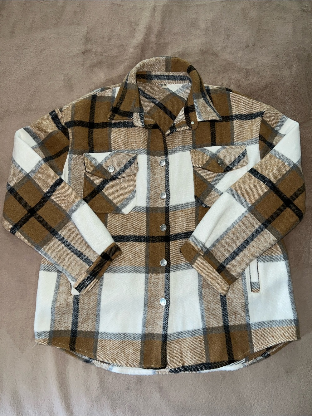 Women’s Plaid Button-Up Shirt Jacket Shacket - Tan & White